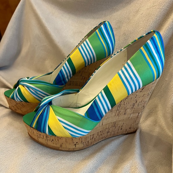 Nine West Wedge Espadrille 8.5M Blue/Green Stripe - Picture 2 of 8